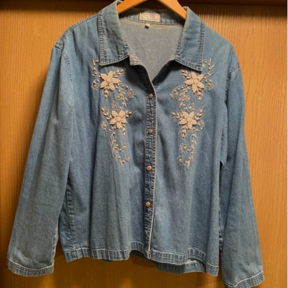 Vintage Denim Jacket Embellished by The‎ Blue Sequin Pearl Beaded XXL